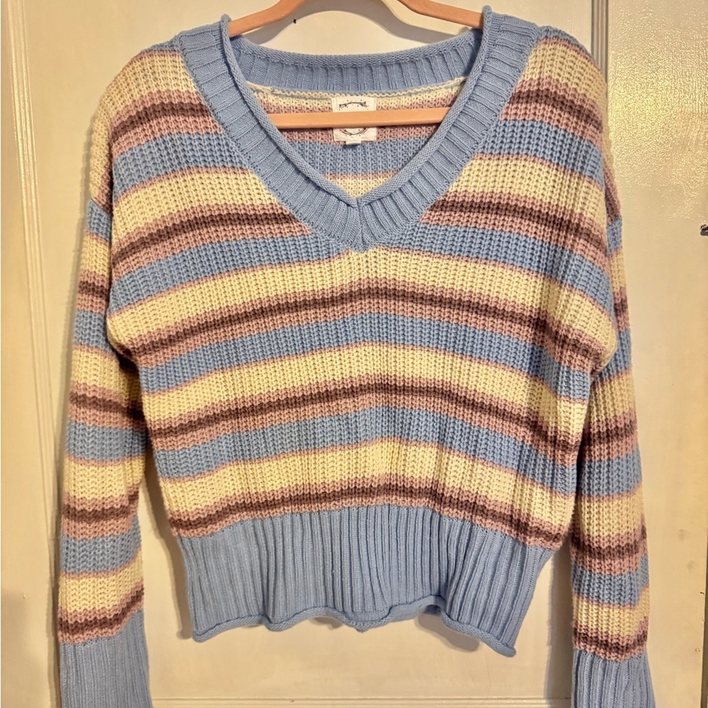 Hippie Rose Striped V-Neck Sweater - Blue, Cream, and Brown